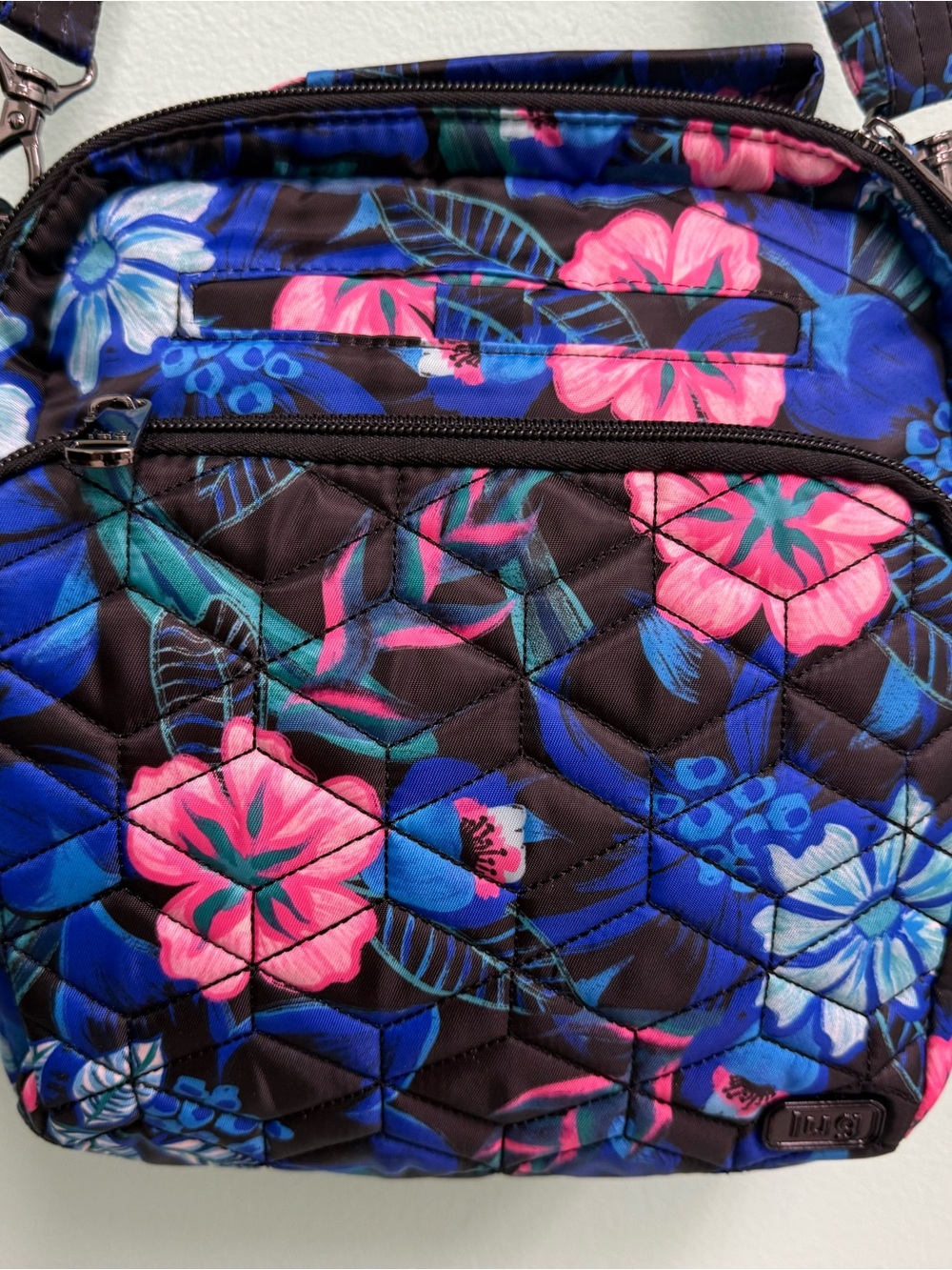 lug Quilted Floral Crossbody Bag in Black, Blue & Pink - Picture 8 of 9